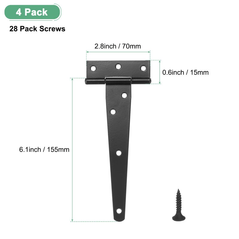 M METERXITY 4-Pack Iron T-Strap Shed Door Hinges, 6 Inch Barn Door Gate Hinges, Tee Hinge Wrought Hardware with Screws for Wooden Fences/Yard/Barn Door [Black] - Image 3